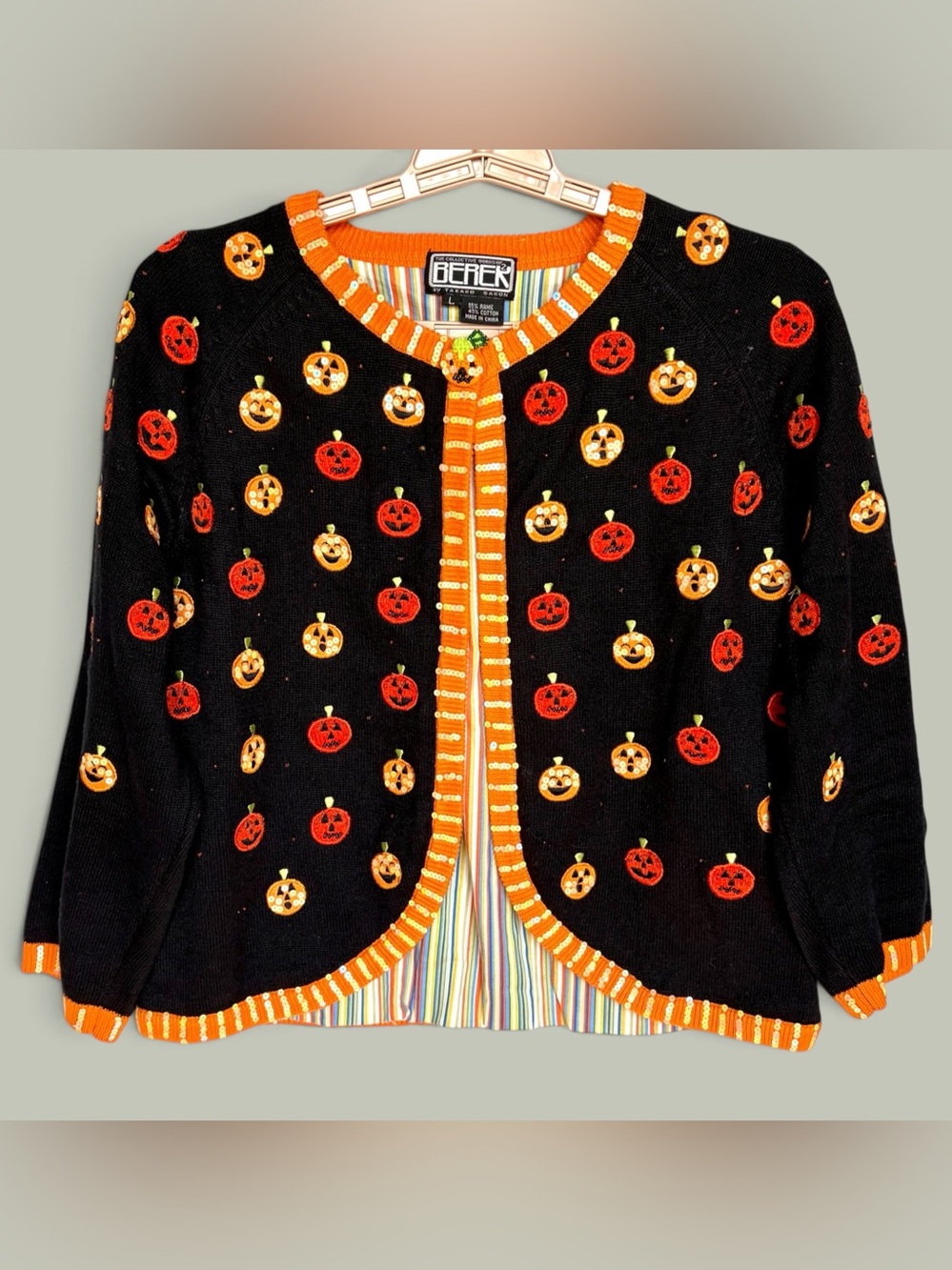 Vtg Berek Halloween Cardigan Sweater Womens L Pumpkin Beaded Sequin 90s Novelty